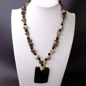 Vintage Chico's Necklace Black Mother of Pearl Shell Wood Beads Brass Spacers